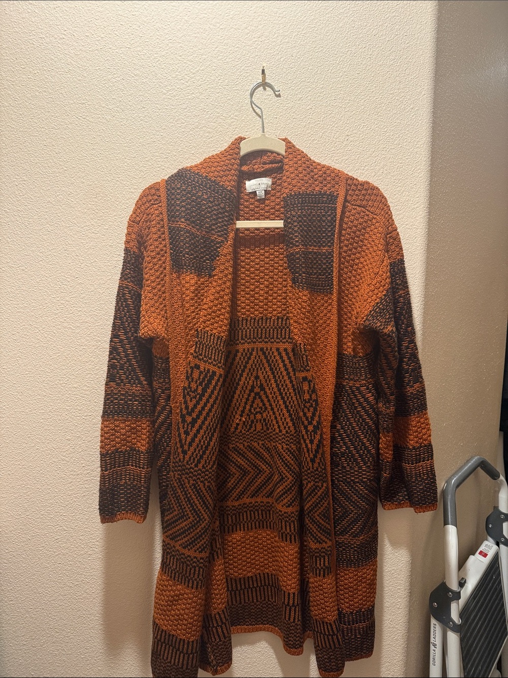 Lucky brand Chunky Open-Front Burnt Orange & Black Geometric Cardigan Sweater